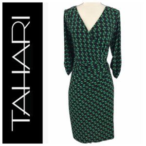 Tahari Green Black Print Ruched Faux Wrap Dress 12